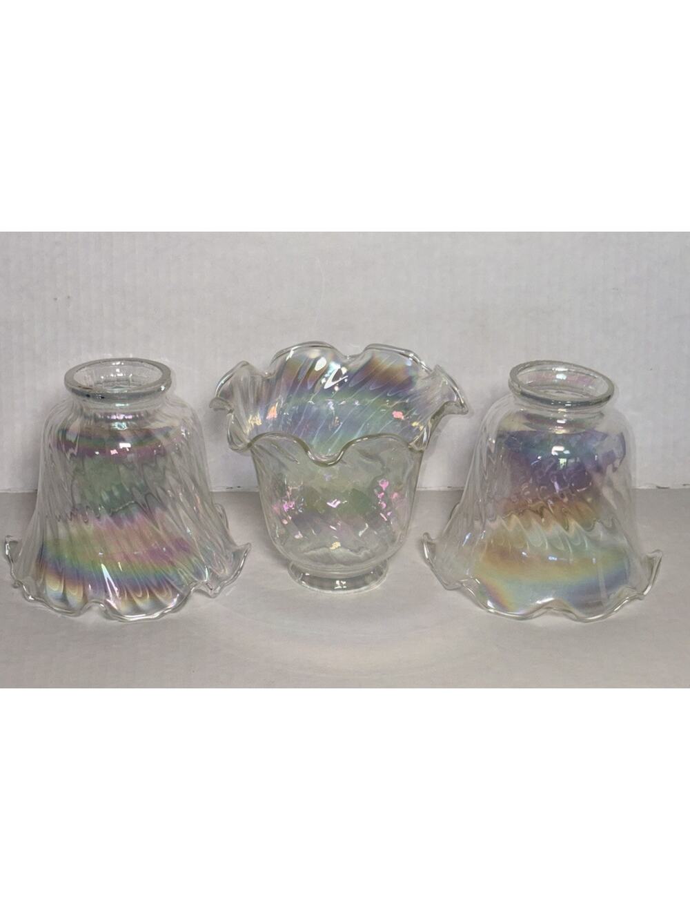 Iridescent 4” Light Shade Hurricane Lamp Swirl Bell Ruffled Fitter 2” Set of 3